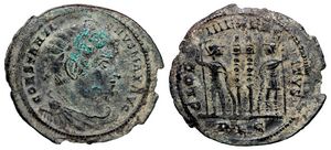 Constantine I GLORIA EXERCITVS Lyon 236
                        “Lédenon Hoard”