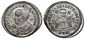 Constantine I VICTORIAE LAETAE PRINC PERP
                          from Trier billon argenteus